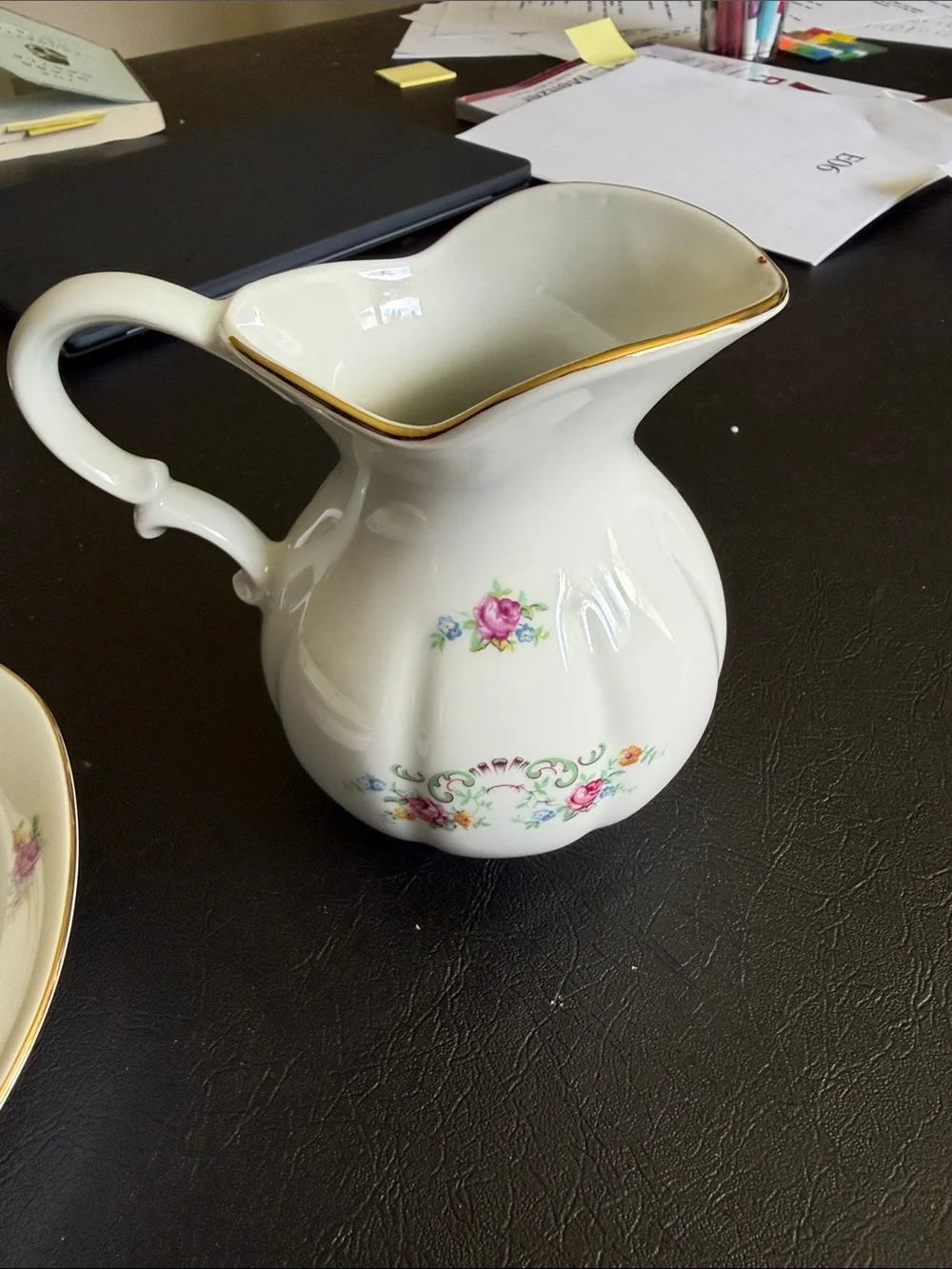 Classic Cream Porcelain Pitcher and Bowl Set with Pink Floral Accents
